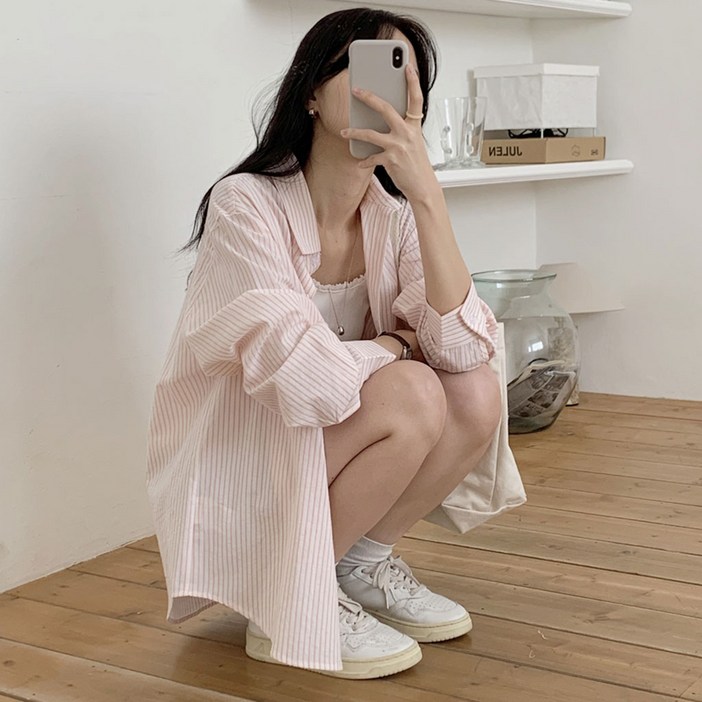 [55~88사이즈]데일리 여성 스트라이프 셔츠 긴팔 남방 카라셔츠 빅사이즈 루즈핏 오버핏 하객룩 피크닉 여름셔츠 자외선 간절기 77사이즈 88사이즈