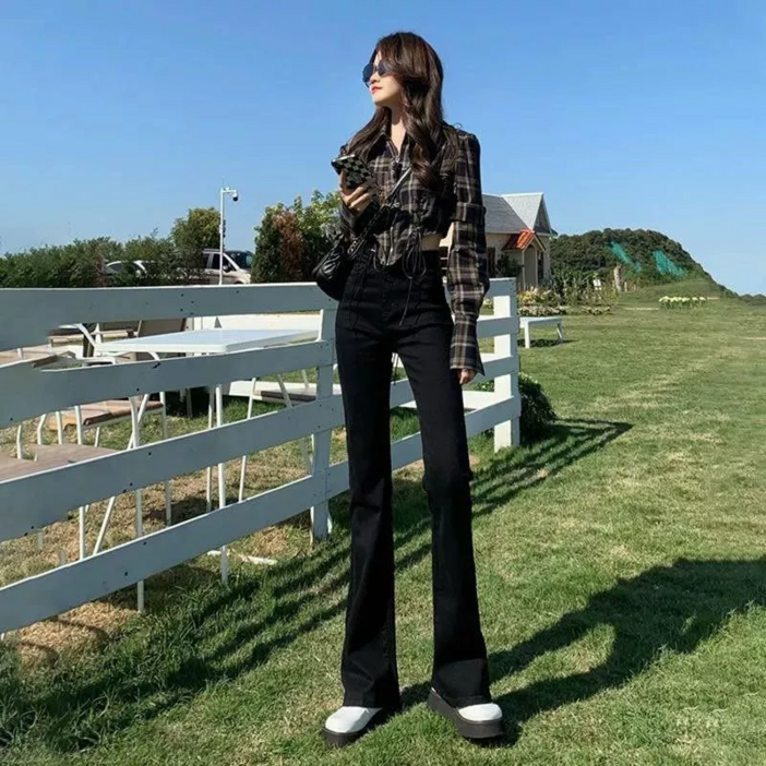 couchsurfing 여성 하이웨이스트 세미 부츠컷 데님 팬츠