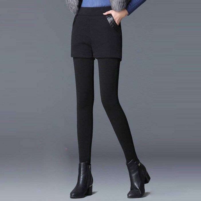 SAHINER 겨울 여성용 기모안감 일체형 반바지 레깅스 하이웨이스트 슬림핏 보온 데일리 팬츠 BNZ74