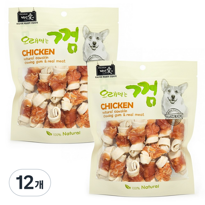 백년애 고기가 2배 이상 말린 오래먹는 강아지껌, 닭고기 소형, 250g, 12개