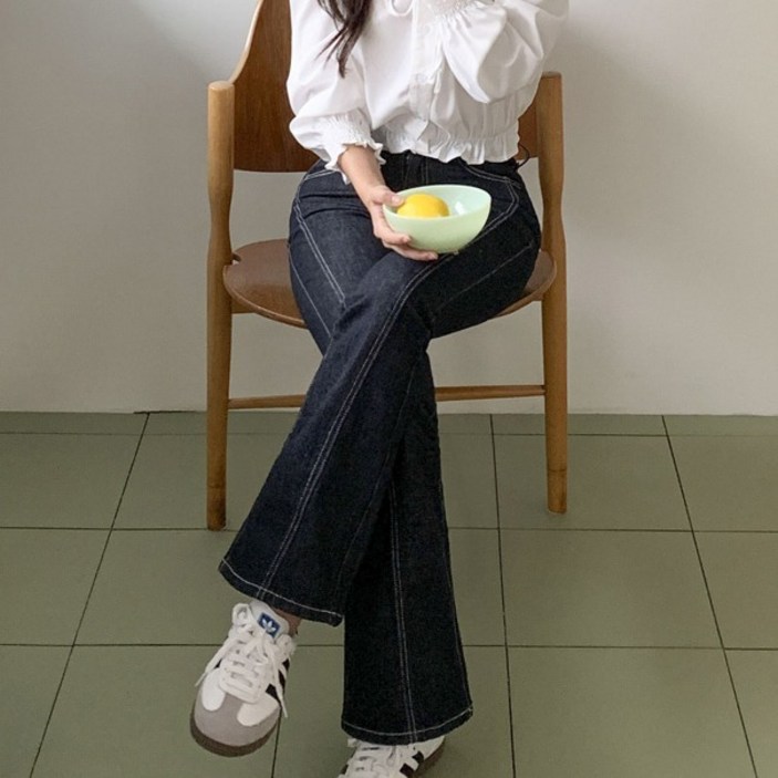 토마토팩토리 여성용 마이트 투버튼 부츠컷 스판 생지 데님 팬츠 롱