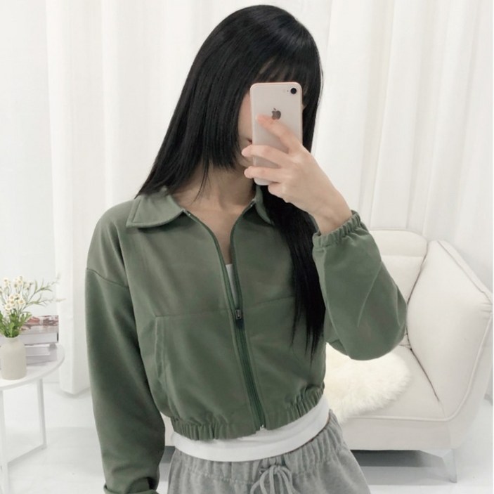 피어니스트 여성용 카라넥 크롭 솔리드컬러 집업