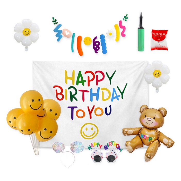 동아피엠에스 곰돌이 스마일 생일 파티 장식 패브릭 현수막 가랜드 풍선 안경 머리띠 세트, 혼합색상, 1세트