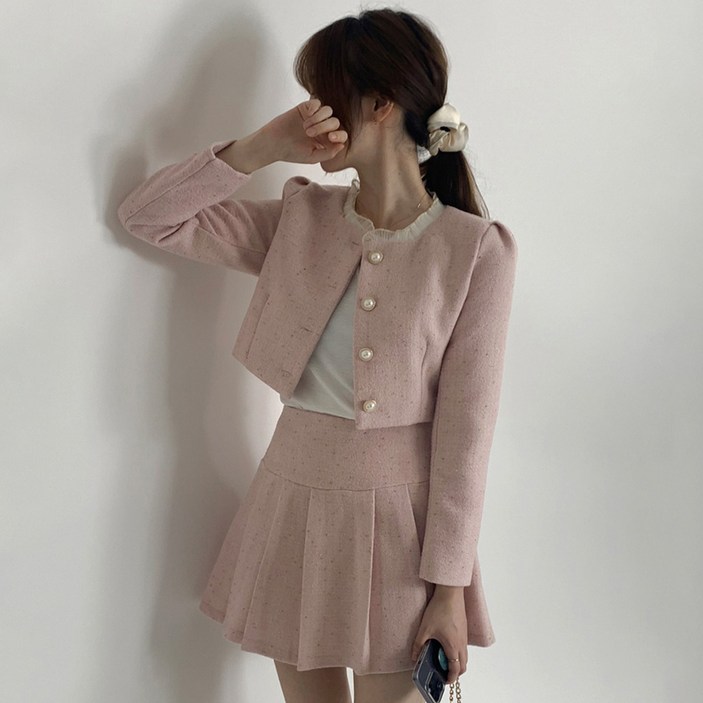 타니즈 바스 하객룩 봄 가을 트위드자켓 + 주름스커트 셋업 세트