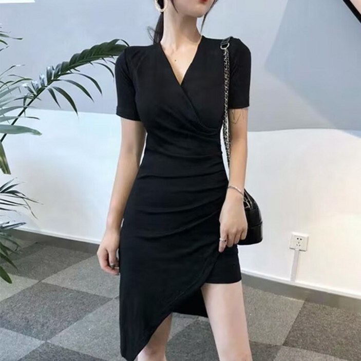 구디프 브이넥 언발 셔링 포인트 미니 반팔 원피스 구디프 브이넥 언발 셔링 포인트 미니 반팔 원피스