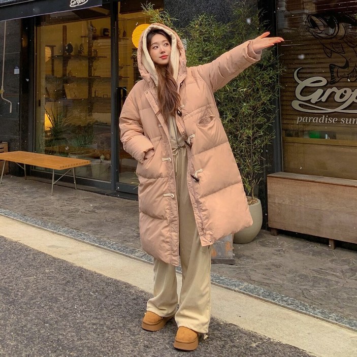 워너비뮤즈   구스다운90 러블리  떡볶이 롱 후드 더플 패딩