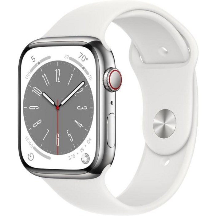 애플 워치 시리즈 8 GPS + 셀룰러 41mm 실버 스테인리스 스틸 케이스와 화이트 스포츠 밴드 ML 리뉴얼