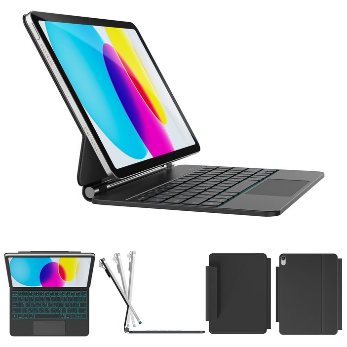 한국형 매직 키보드, 아이패드 10세대 / 아이패드 11세대 (A16)용, 11색 백라이트 키+트랙패드, 방오염 가죽, 블랙, 1개