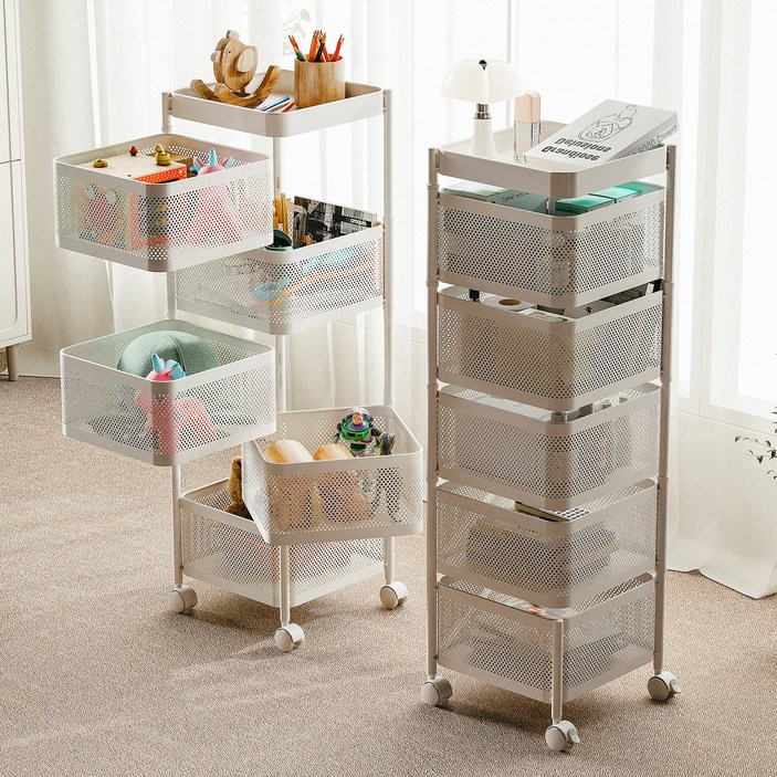 라즈웰 이동식 트롤리 수납함 회전 철제 수납장, 화이트, 5단
