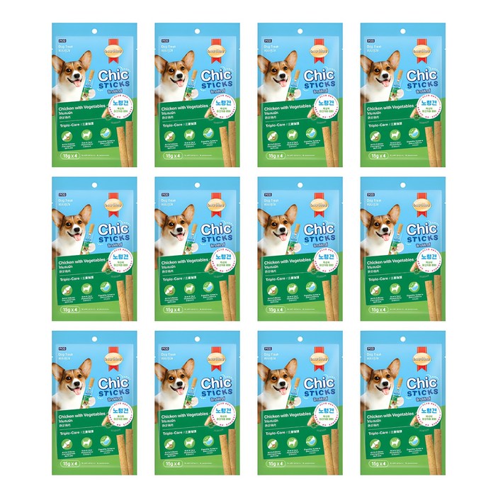 스마트하트 칙스틱 강아지 노령견 소프트 져키 간식 4p, 혼합맛(닭고기/야채), 60g, 12개