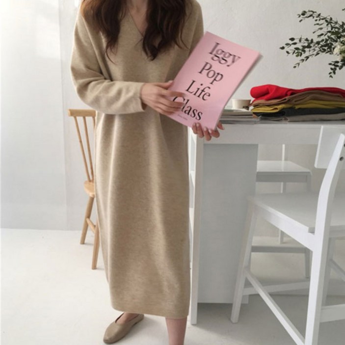 루어스룸 데일리 간절기 여성 루즈핏 브이넥 데일리룩 베이직 빅사이즈 니트 원피스 니트원피스