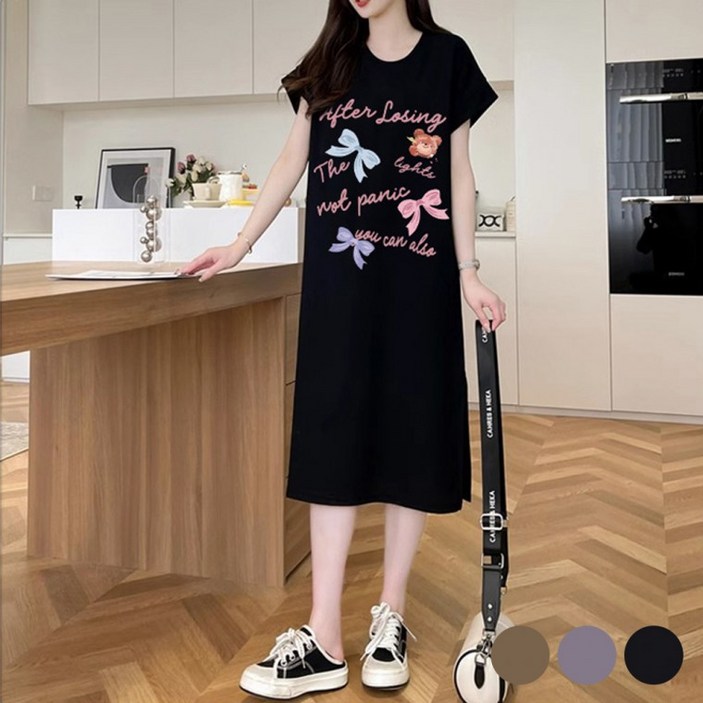 리본 영문 오버핏 밑단 트임 원피스 URD538