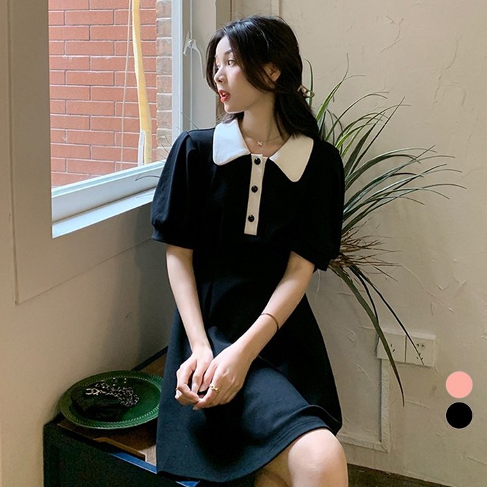 라라벨 여성용 원피스 러블리 카라넥 배색 숄더퍼프 무지 데일리 미니 반팔 원피스