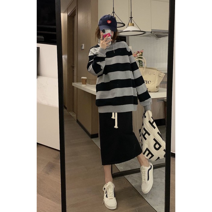 남녀공용 오버핏 스트라이프 빈티지 긴팔 맨투맨 티셔츠