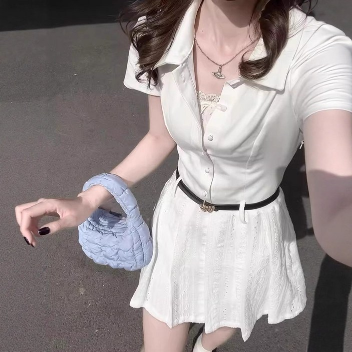 카밀라쇼룸 레이스 슬림 벨트 미니 화이트 플레어 셔츠 원피스