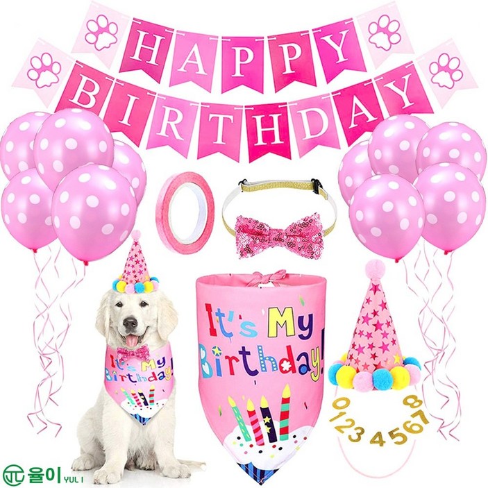 율이 반려동물 생일파티 세트 강아지 고양이 생일상세트, 1개, 핑크