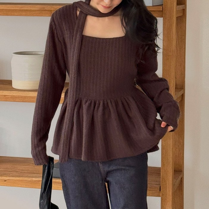 로로텐 골지 니트 스퀘어넥 셔링 블라우스 긴팔 여성 빅사이즈