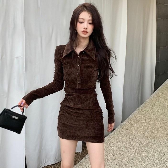 holssi 여성용 벨벳 카라 바디콘 원피스 주름 허리 긴팔 미니드레스