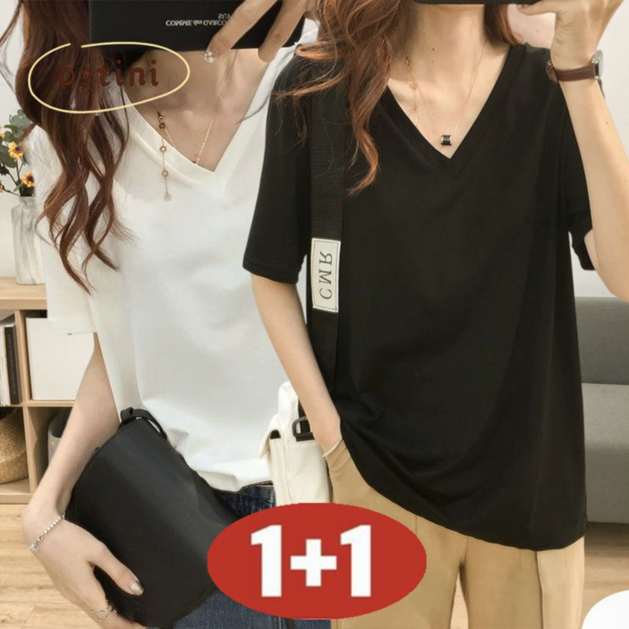 오스틱니 완전 편한 150kg까지 빅사이즈 11 여성 브이넥 솔리드 일자 티셔츠 반팔 여름 원단좋은 루즈핏 오버핏 날씬해보이는 심플 데일리 패션 기본티 미디티 박스티 티