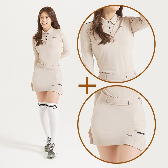 PGR골프 베이지 긴팔티셔츠 큐롯스커트 세트 여성골프세트