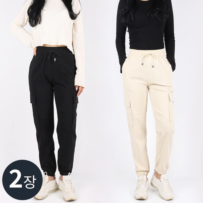 1+1 C여성면스판조거팬츠 여자 여성 카고 조거 밴딩 포켓 스판 코튼 나일론 데일리 팬츠 빅사이즈 단체