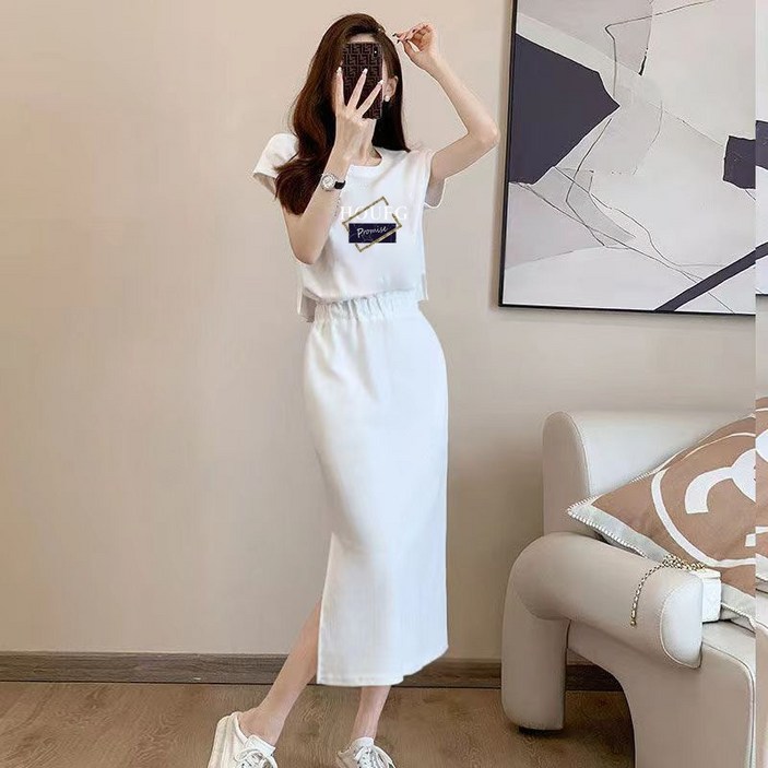 JIEVE 허리 조임 트레이닝 트임 단색 원피스 반팔 루즈핏 스커트 여성용 봄 여름 가을 ZY042327