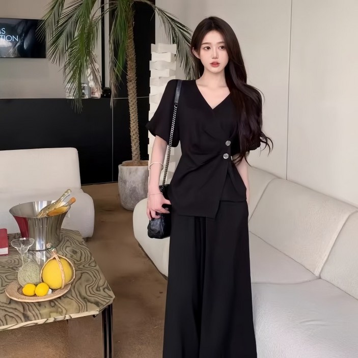 여름 여성 패션 고급 투피스 세트 캐주얼 데일리룩 오피스룩 반팔티바지 투피스 빅사이즈 루즈핏 반팔티 와이드팬츠 세트