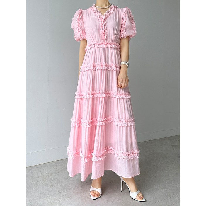 피치니어 브이넥 캉캉 프릴 롱원피스