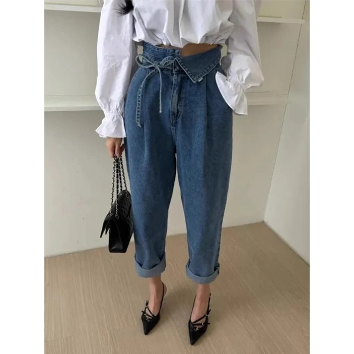 우아한 하이웨이스트 스트레이트 데님 팬츠