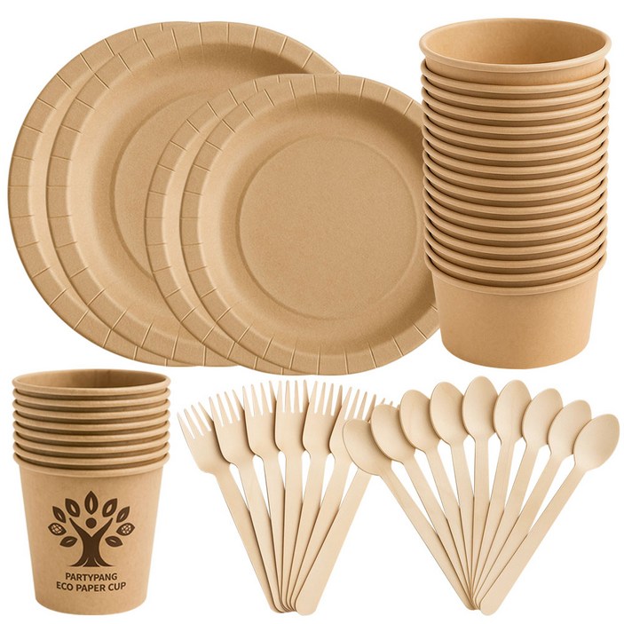 파티팡 캠프앤파티 6종 세트 / 일회용 종이 컵 접시 그릇 숟가락 포크 세트 생일파티 캠핑 피크닉 크라프트 테이블팩, 1개