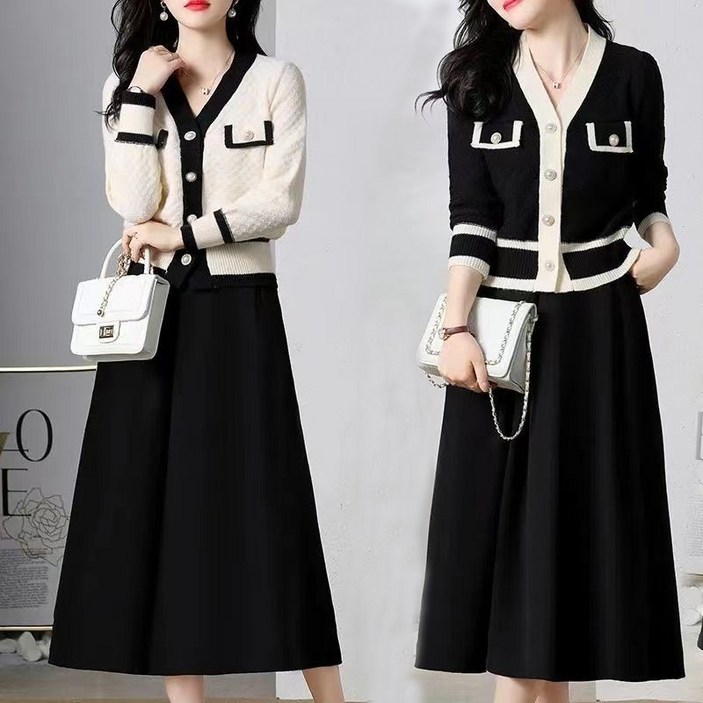 여성 투피스 치마세트 트위드 니트 플레어 스커트 결혼식 하객룩 정장세트 빅사이즈