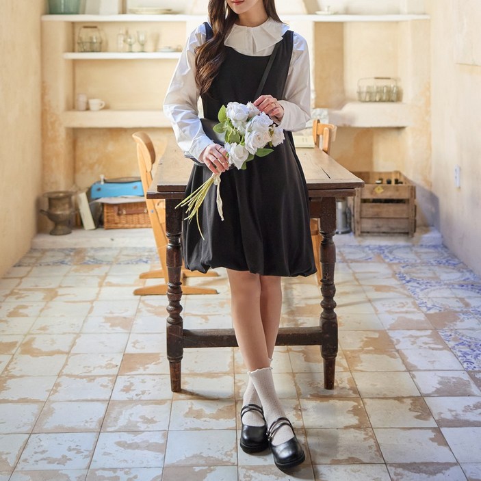 로로텐 뷔스티에 미니원피스 스판 U넥 벌룬 A라인 여성 빅사이즈