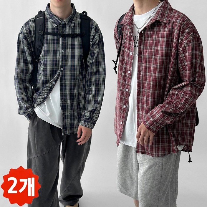 1+1/두장묶음 빠델 선셋 사계절 커플 가을 봄 남녀공용 체크 남방 오버핏 셔츠