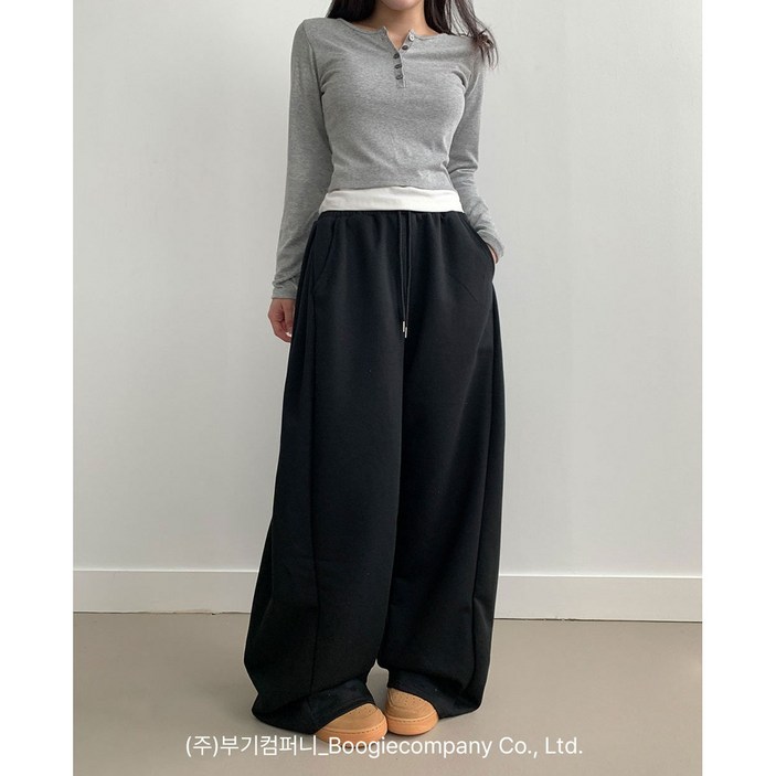 부기샵 군살커버 퍼트 사이드 폴링 핀턱 와이드 트레이닝 롱팬츠숏기장