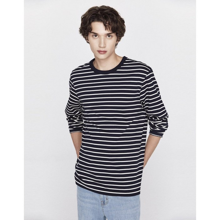 [지오다노] 2025 NEW 남자 스트라이프 긴팔티셔츠 025911 01(다크네이비+화이트STR)