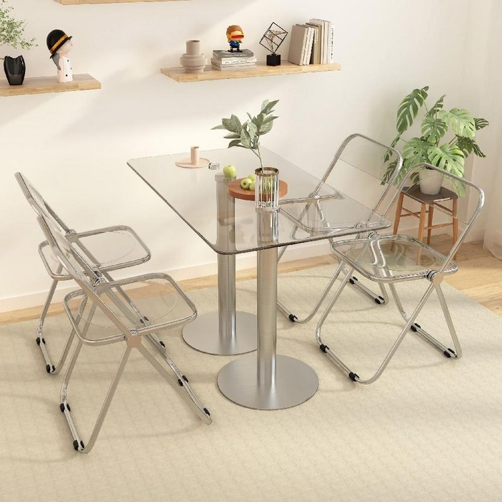 강화유리 식탁 사각 테이블 미드센츄리 모던 인테리어 홈 카페 투명 의자