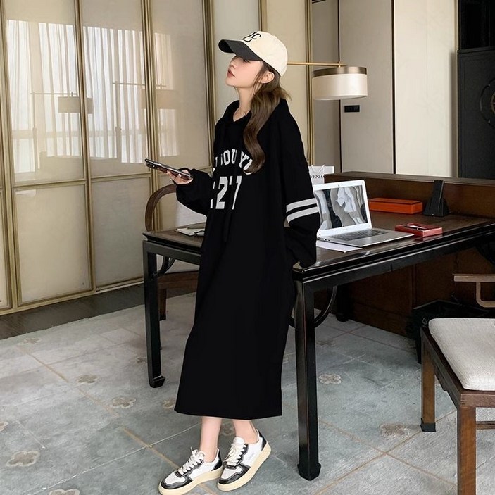 꽃소담 여성 빅사이즈 루즈핏 기모 롱 후드 원피스 L886