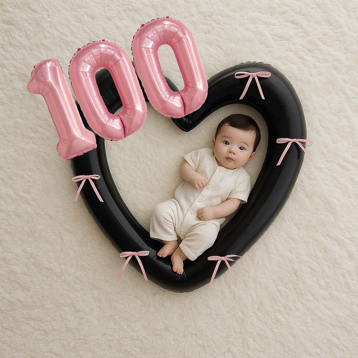 해피제이니 50일 100일 대형 하트풍선 완성리본 세트, 1세트, 블랙하트 숫자 100