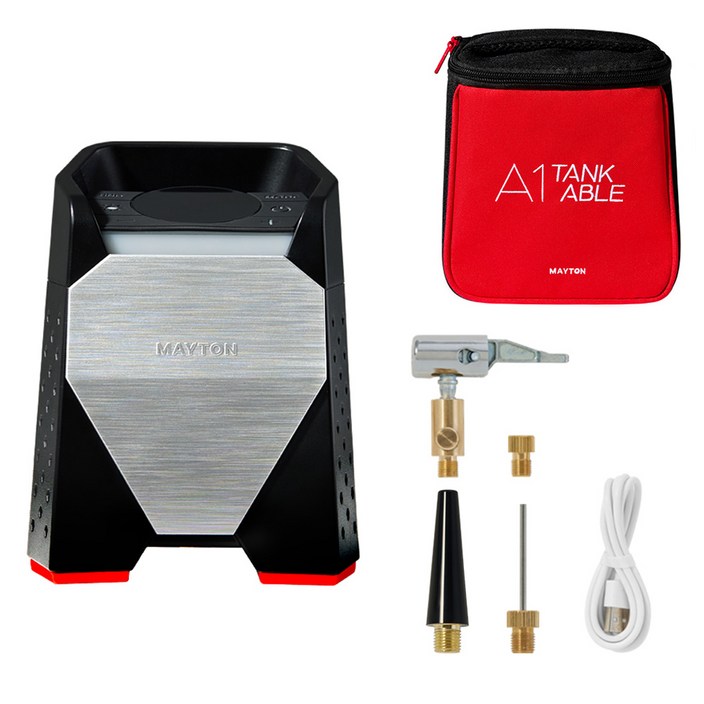 메이튼 타이어 공기압 주입기 무선 휴대용 다용도 보조배터리 탱커블  90cm 빌트인호스  3종노즐  충전 케이블 세트, 블랙, 1세트