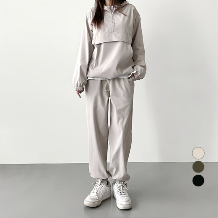 잘빠진 여성용 어반 아노락 반집업 조거 상하의 세트