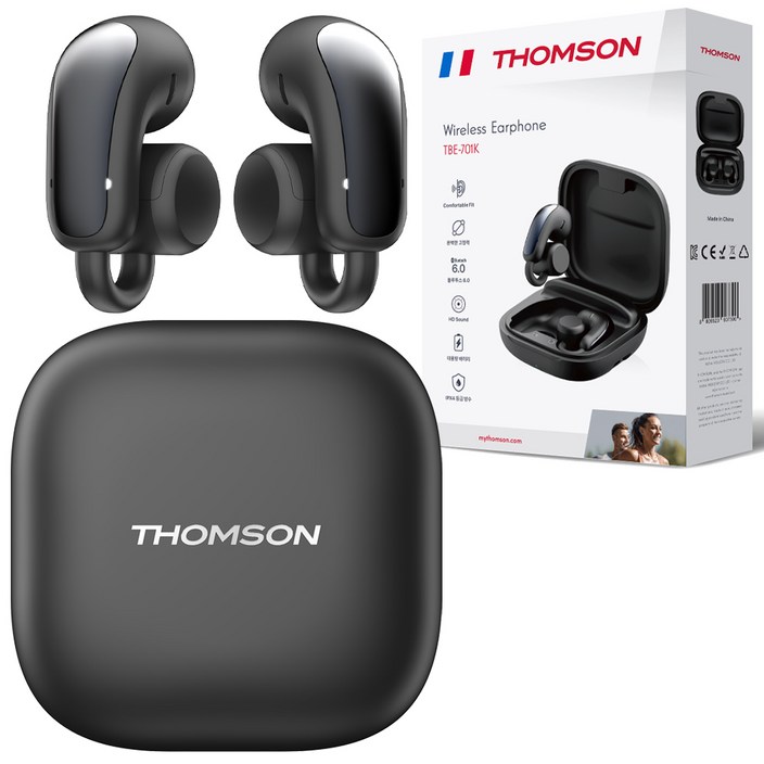 프랑스 톰슨 블루투스 6.0 ENC 노이즈 캔슬링 생활 방수 오픈형 귀걸이 무선 블루투스 이어폰, 블랙, TBE-701K