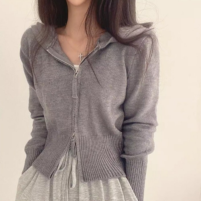 발리걸 간절기 투웨이 니트 후드 긴팔 집업 가디건