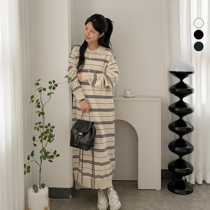 디테일웨어 여성 니트 런던 카라 원피스 임부복 편한원피스 간절기 비스코스 롱원피스 단가라 스트라이프 빅사이즈 젊줌마룩