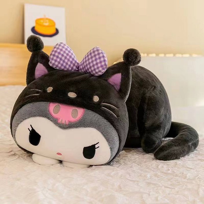 산리오 쿠로미 시나모롤 마이멜로디 헬로키티, 고양이 대형인형 안고자는 베개, 귀여운 인형 쿠션 ,동물 바디필로우, 블랙