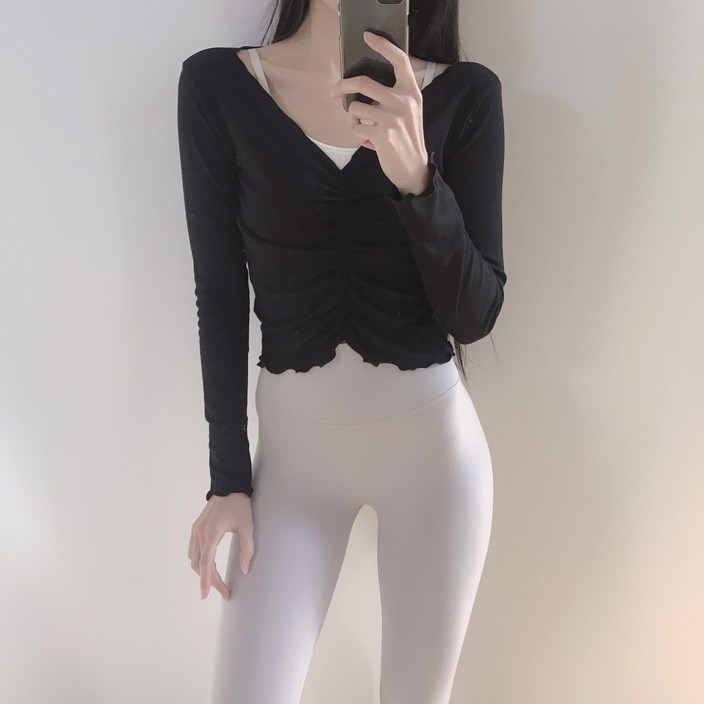 프릴 셔링 크롭 긴팔 요가 필라테스 상의 여자운동복 요가복 필라테스복 프릴 셔링 크롭 긴팔 요가 필라테스 상의 여자운동복 요가복 필라테스복