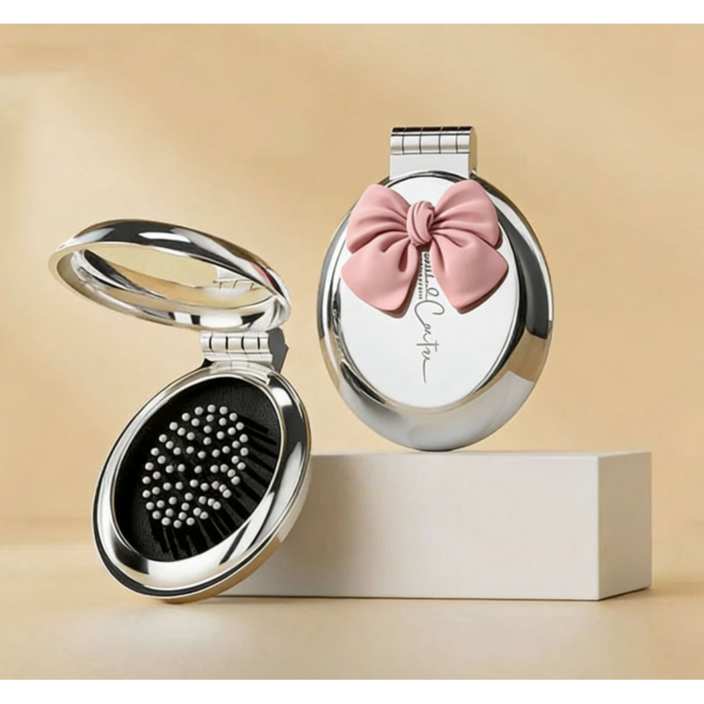 SIA37 접이식 휴대용 손거울 빗 미니 컴팩트 파우치 거울 리본 장식