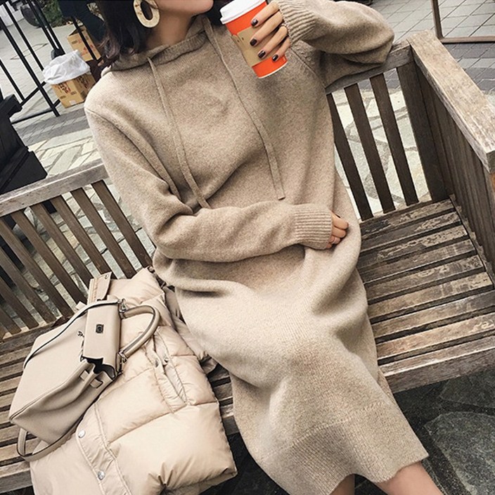JUXIN 여성니트스웨터롱 후드 롱니트원피스