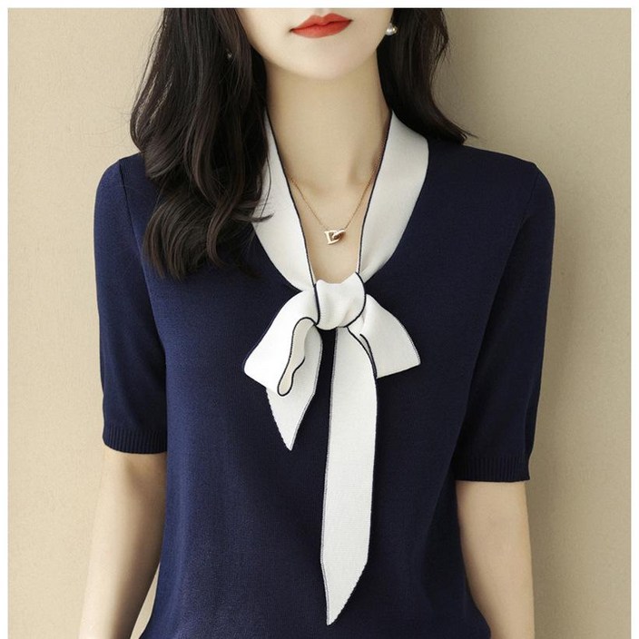 피치레이디 리본 배색 니트 반팔티