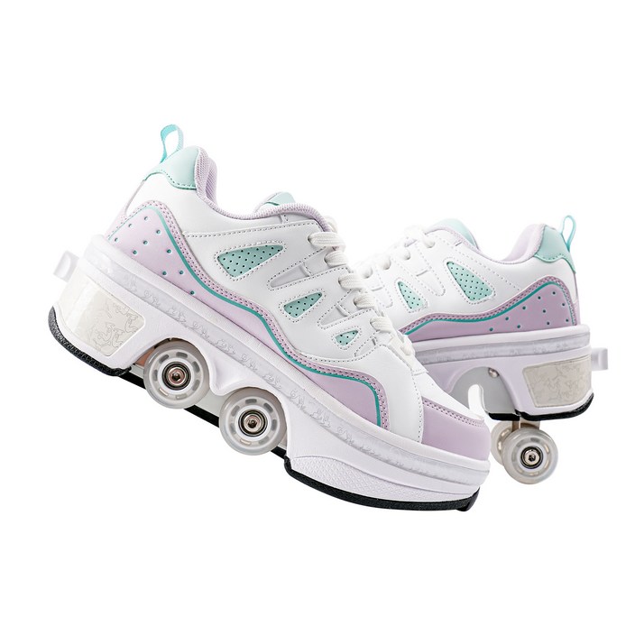 Pairduck남녀공용 접이식 롤러스케이트 인라인스케이트 LED 컬러 조명 포함 쿼드 스케이트, 1개, 흰색 보라색 로우탑 04