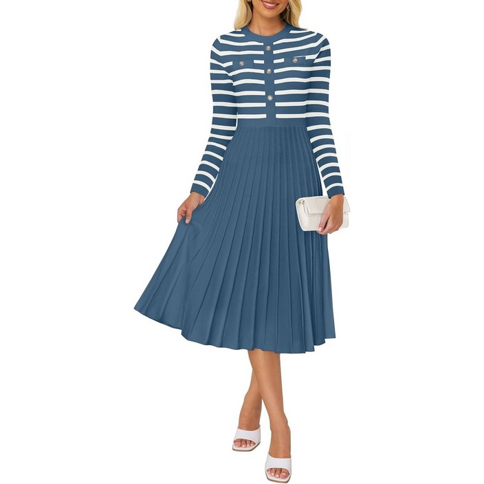 여성 긴팔 스트라이프 니트 A라인 원피스 ZESICA 미국출고